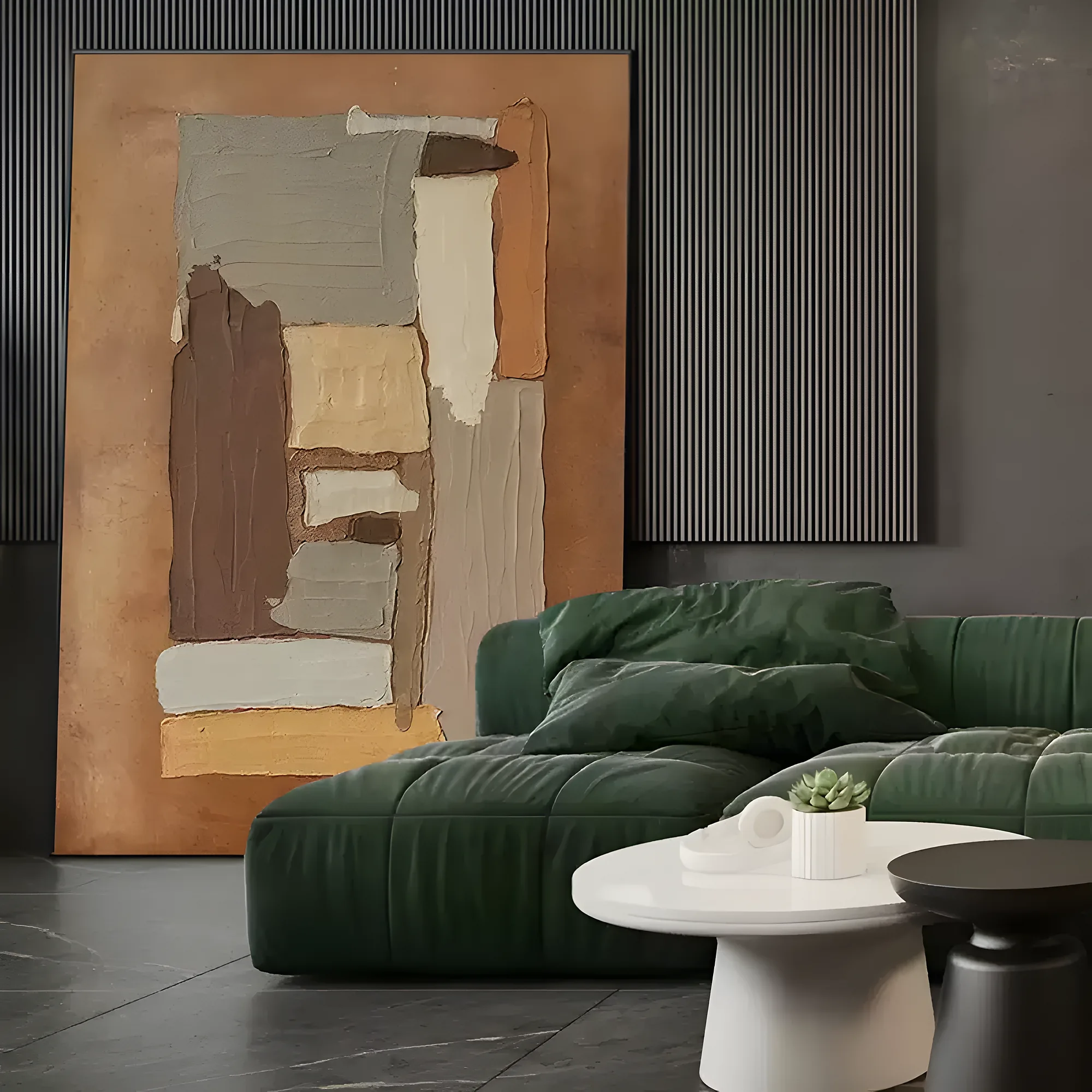 Hand-painted abstract canvas shown above a sofa in a warm interior