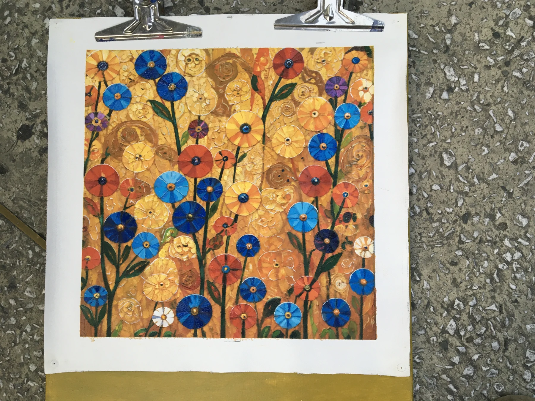 Second painted layer of the floral artwork, photographed on a clipped backing board.