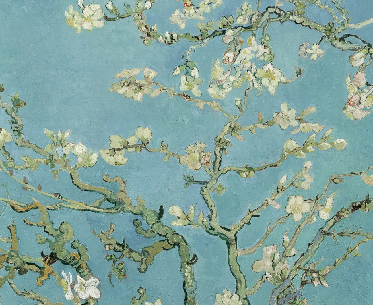 Detail of an Almond Blossom reproduction showing branching dark lines, pale blossoms, green leaves, and blue sky.