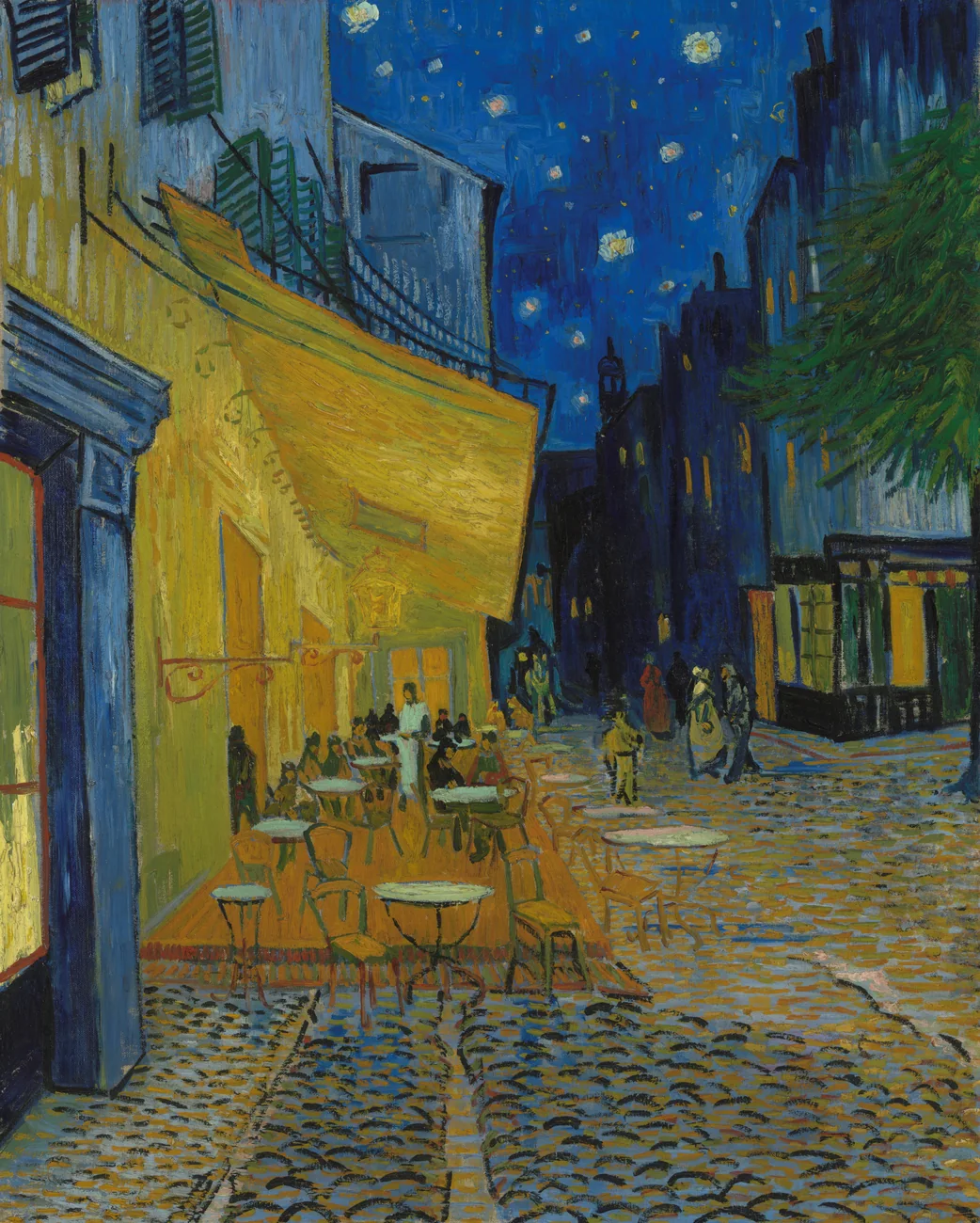 Vincent van Gogh's Cafe Terrace at Night, with a glowing yellow outdoor cafe, blue street, figures, and a starry Arles sky.