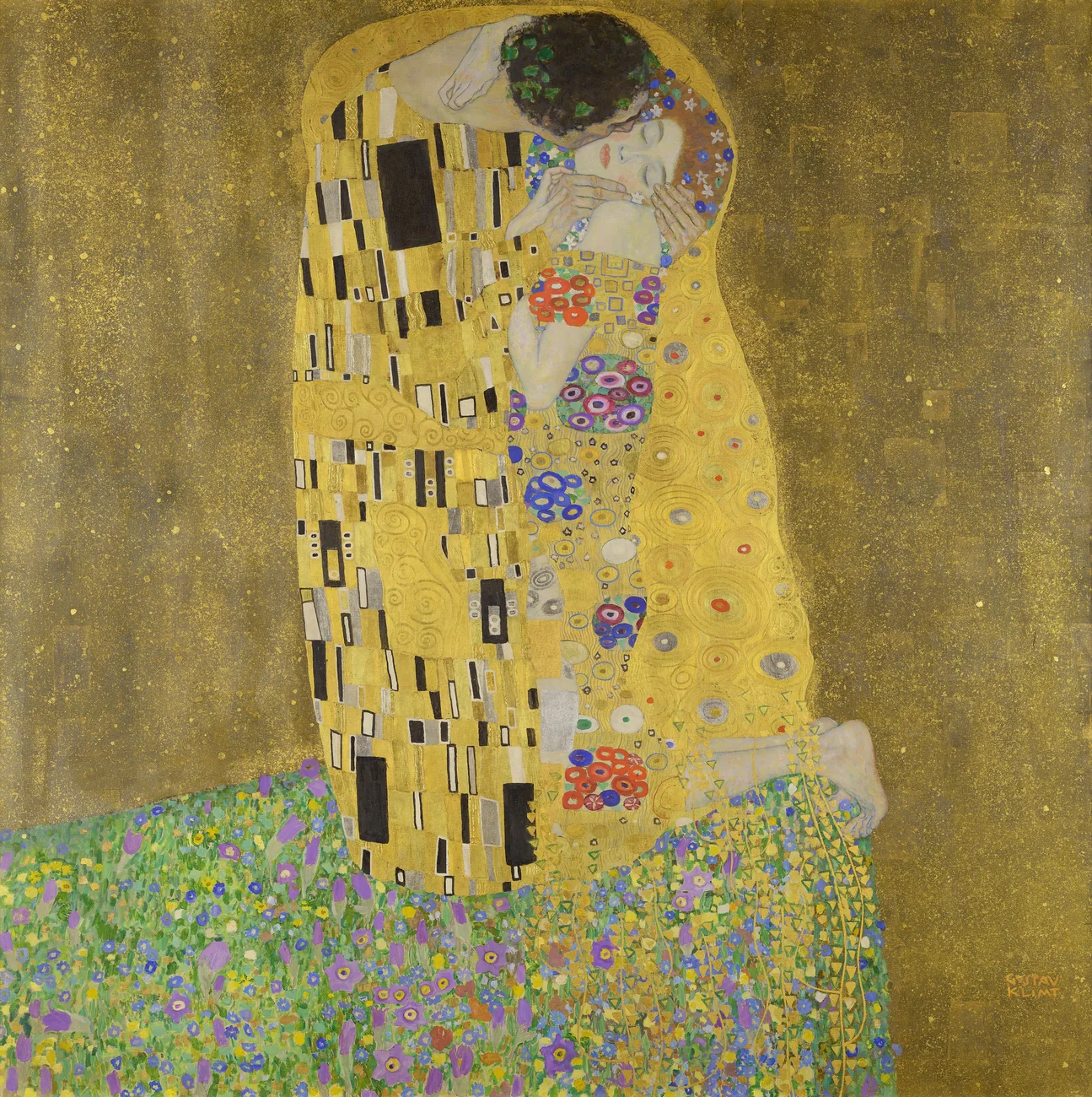Gustav Klimt's The Kiss, showing two figures embraced in a field of flowers beneath a gold patterned robe.