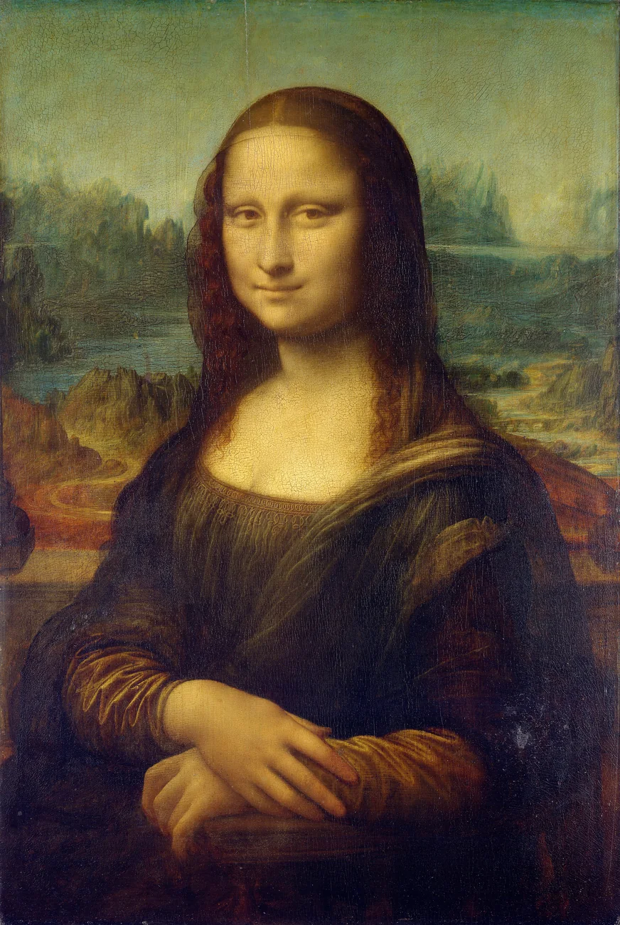 Leonardo da Vinci's Mona Lisa, with a seated woman, folded hands, a faint smile, and a hazy landscape behind her.