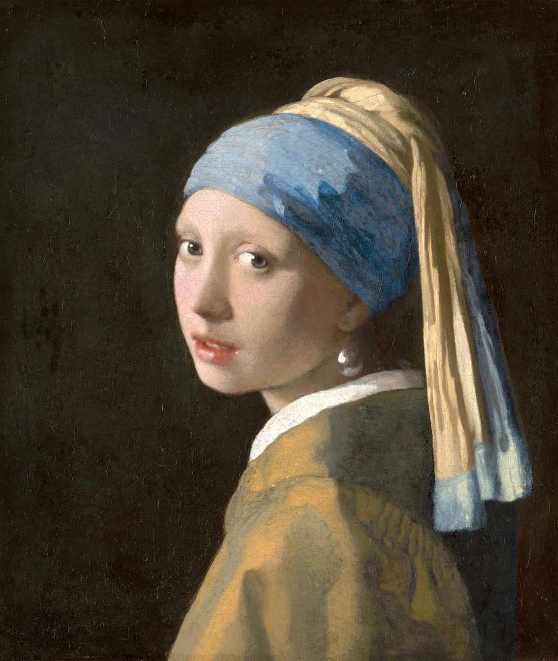 Johannes Vermeer's Girl with a Pearl Earring, showing a young woman in a blue and yellow headscarf looking over her shoulder from a dark background.