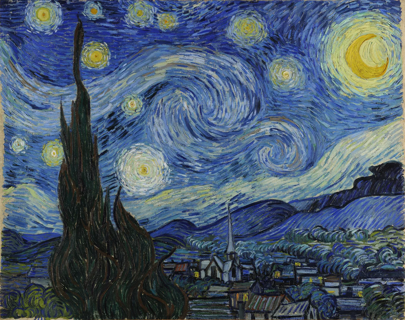 Vincent van Gogh's The Starry Night from 1889, with a swirling blue sky, yellow stars and crescent moon, a dark cypress tree, and a small village below.