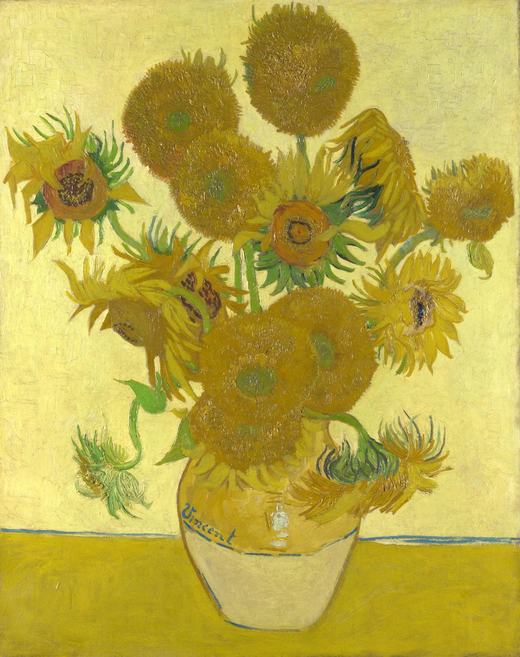 Vincent van Gogh's Sunflowers, with fifteen yellow sunflowers in a vase against a yellow background.