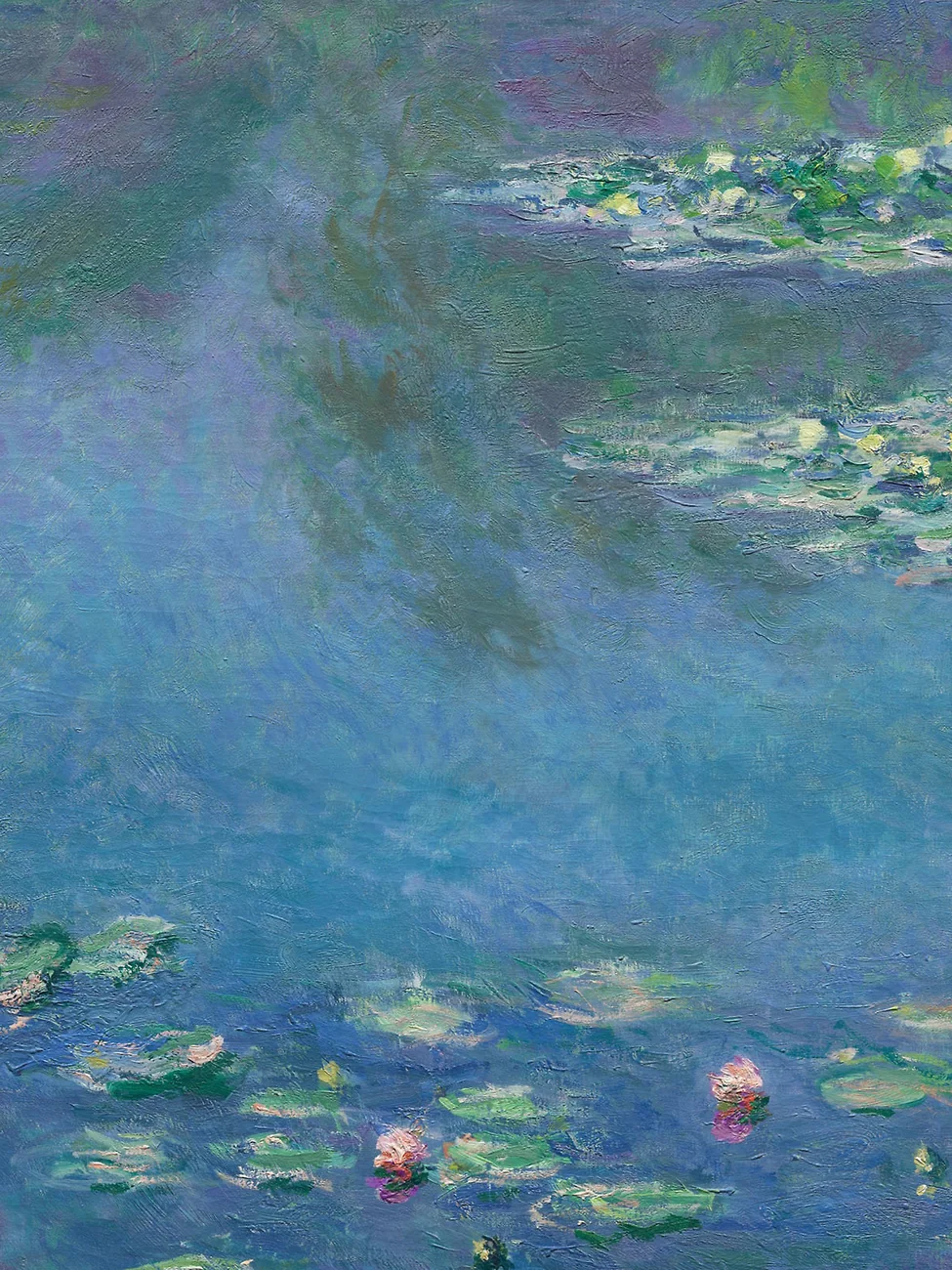 Detail of a hand-painted Monet Water Lilies reproduction showing layered reflected colour and individual lily-pad brushstrokes.