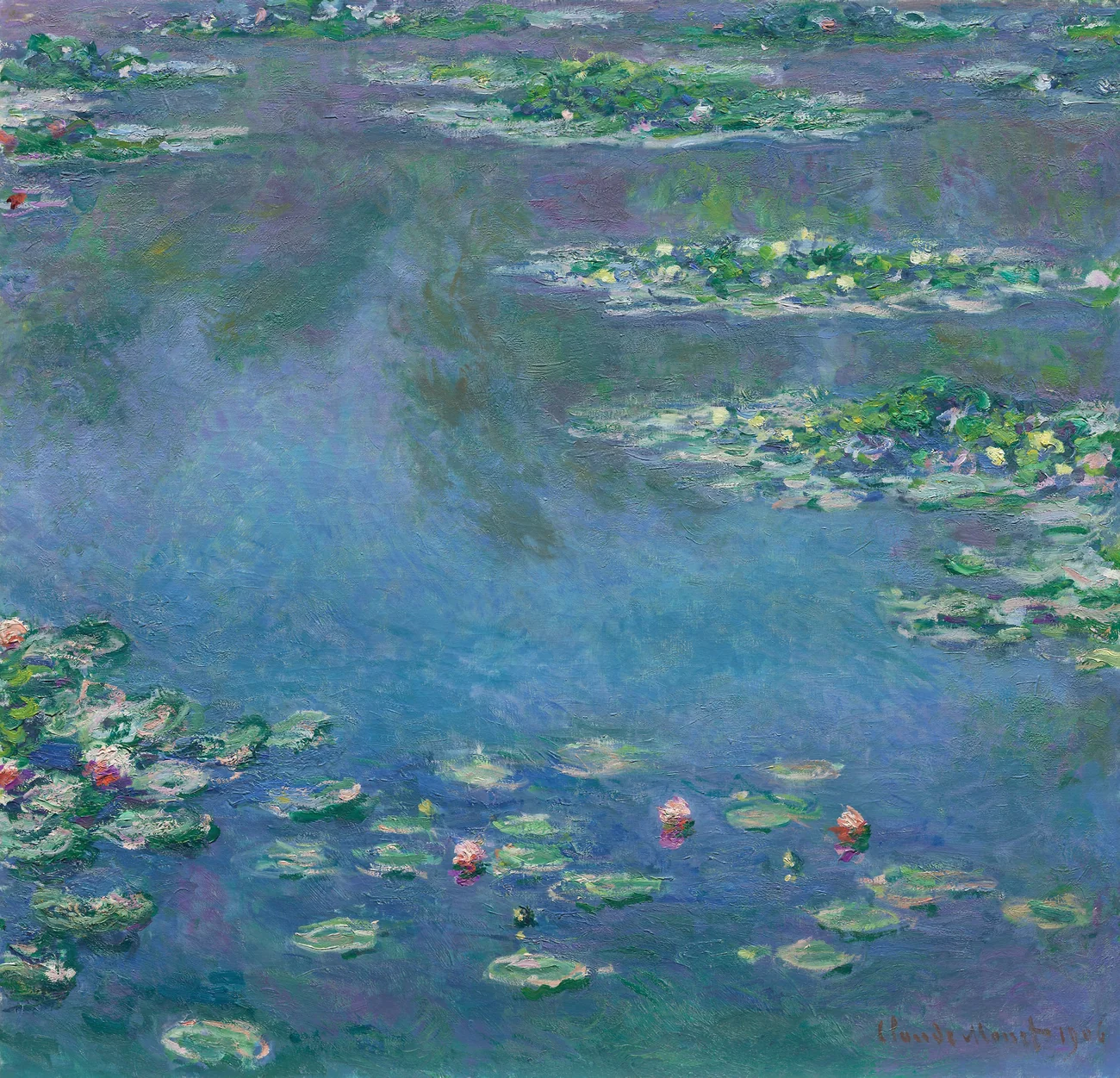 Claude Monet Water Lilies reproduction, showing lily pads and reflections in blue, green, violet, and pink on a near-square canvas.