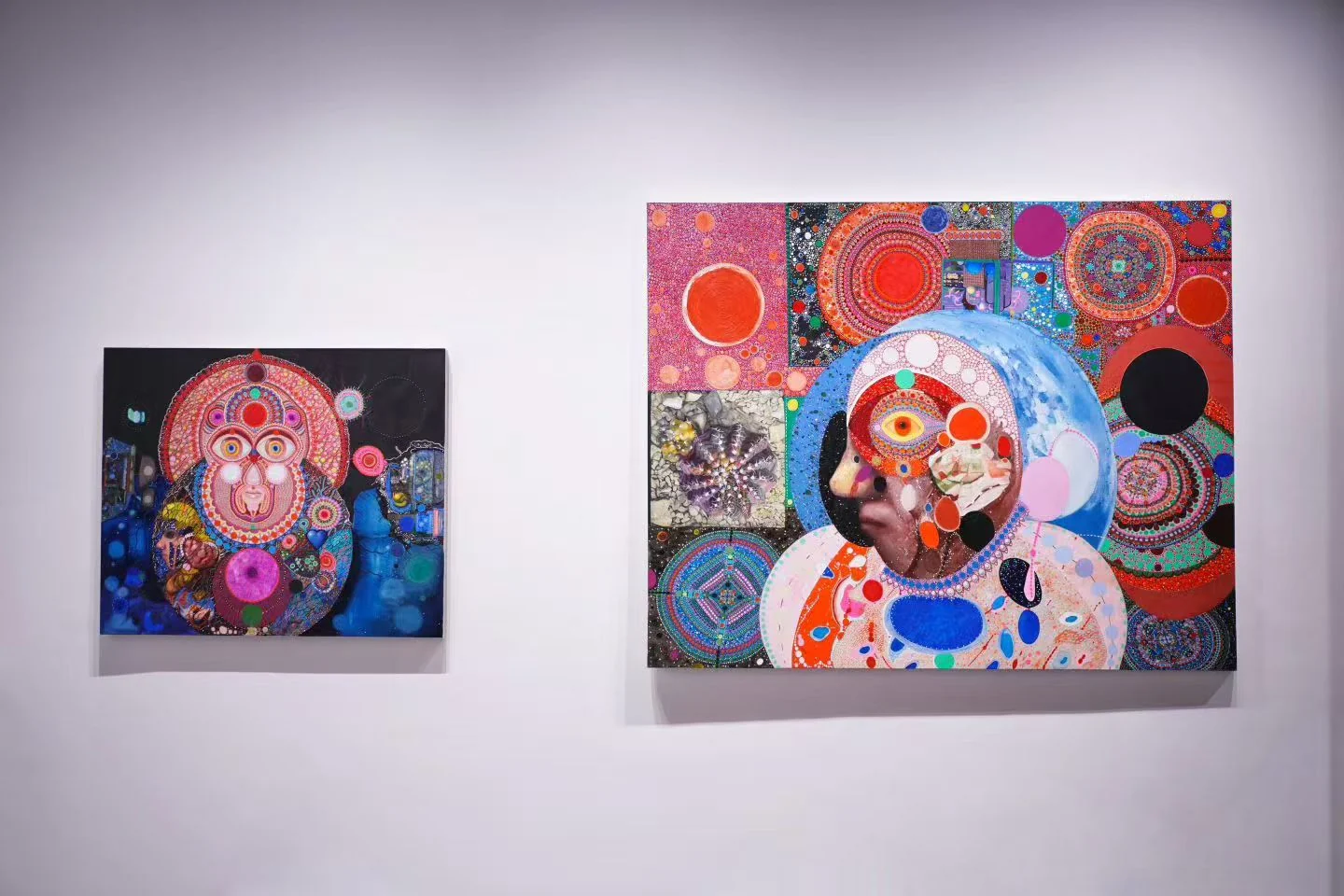 Two colorful artworks displayed together in the PaletteMomento studio.