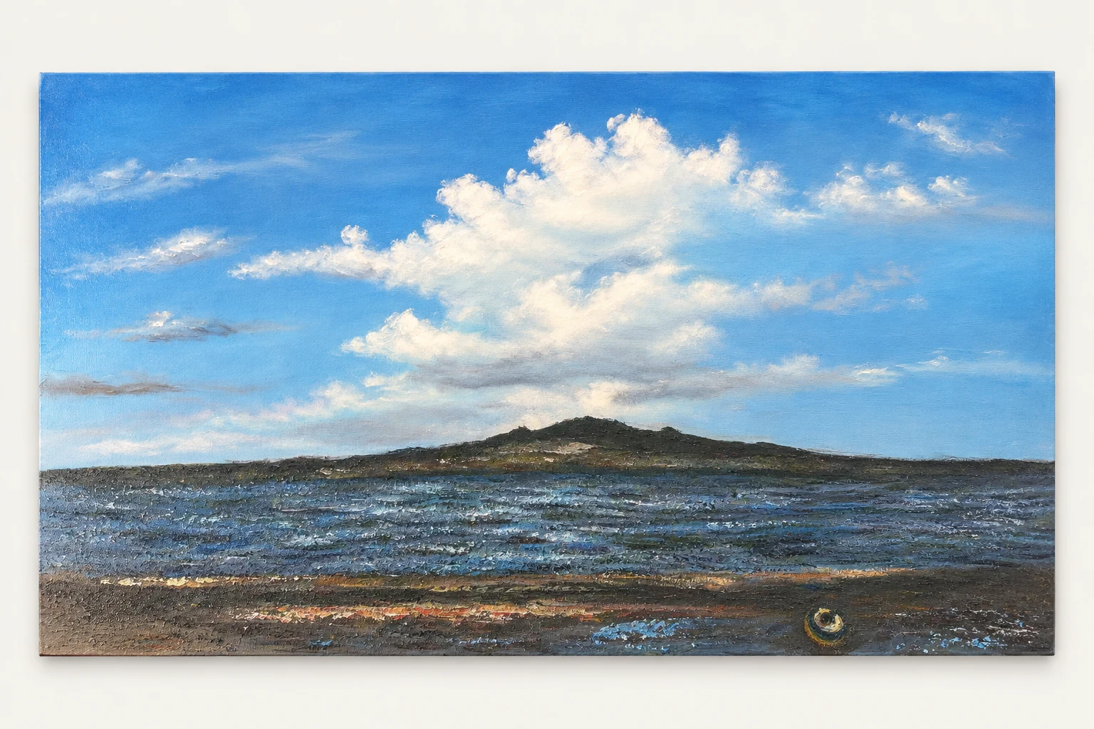 Hand-painted coastal oil painting with blue sky, clouds, an island and a small boat