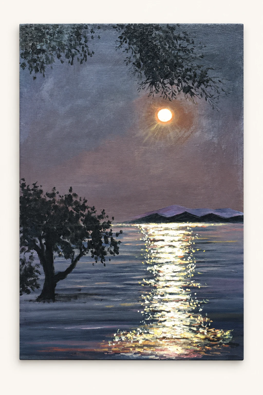 Hand-painted oil painting of moonlight reflected on a lake, with trees in the foreground