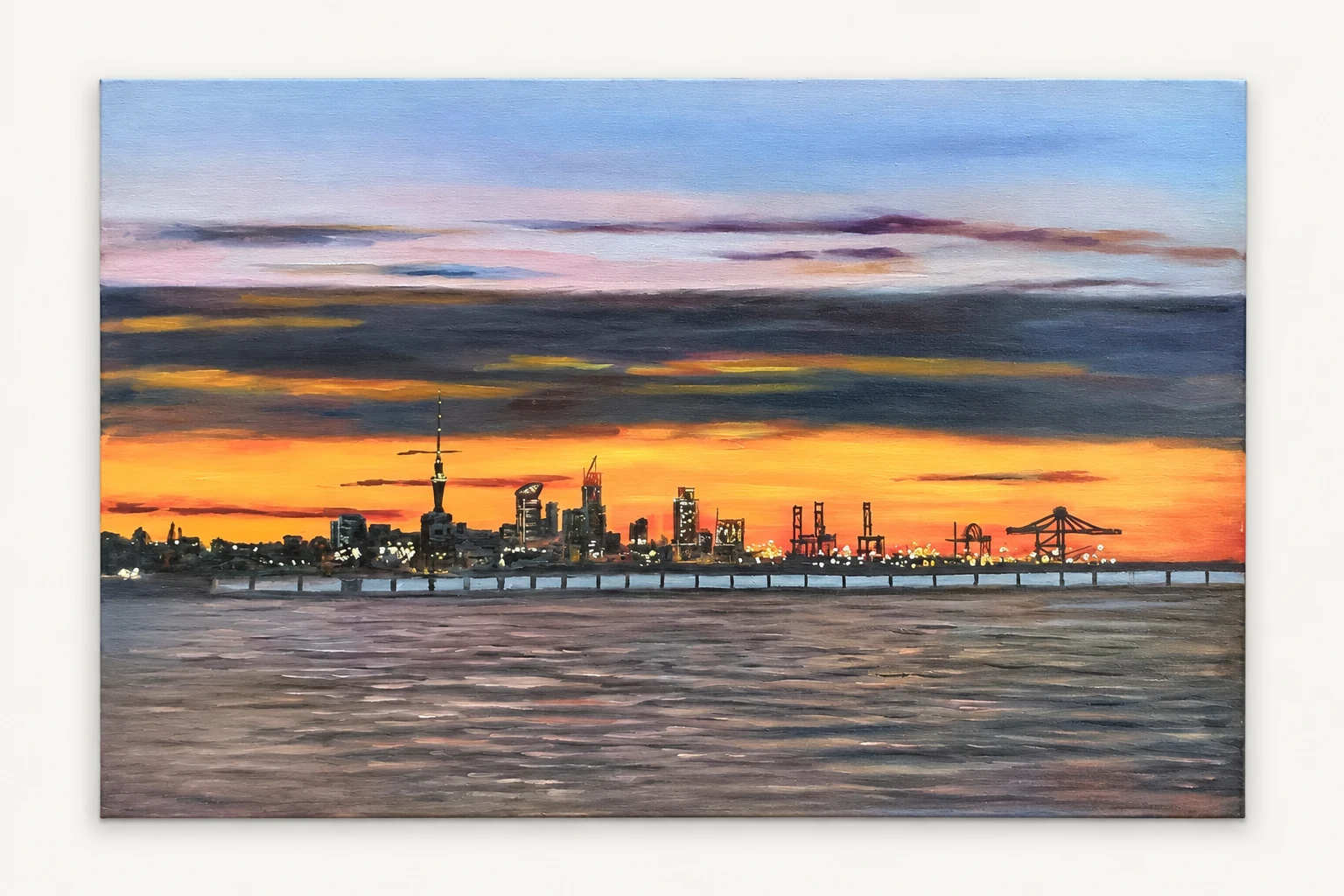 Hand-painted sunset harbour oil painting with a city skyline, cranes and water