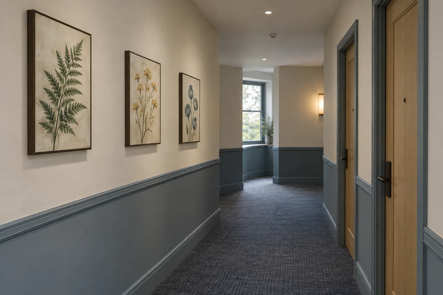 Three botanical paintings spaced along a hotel corridor with blue-gray wainscoting