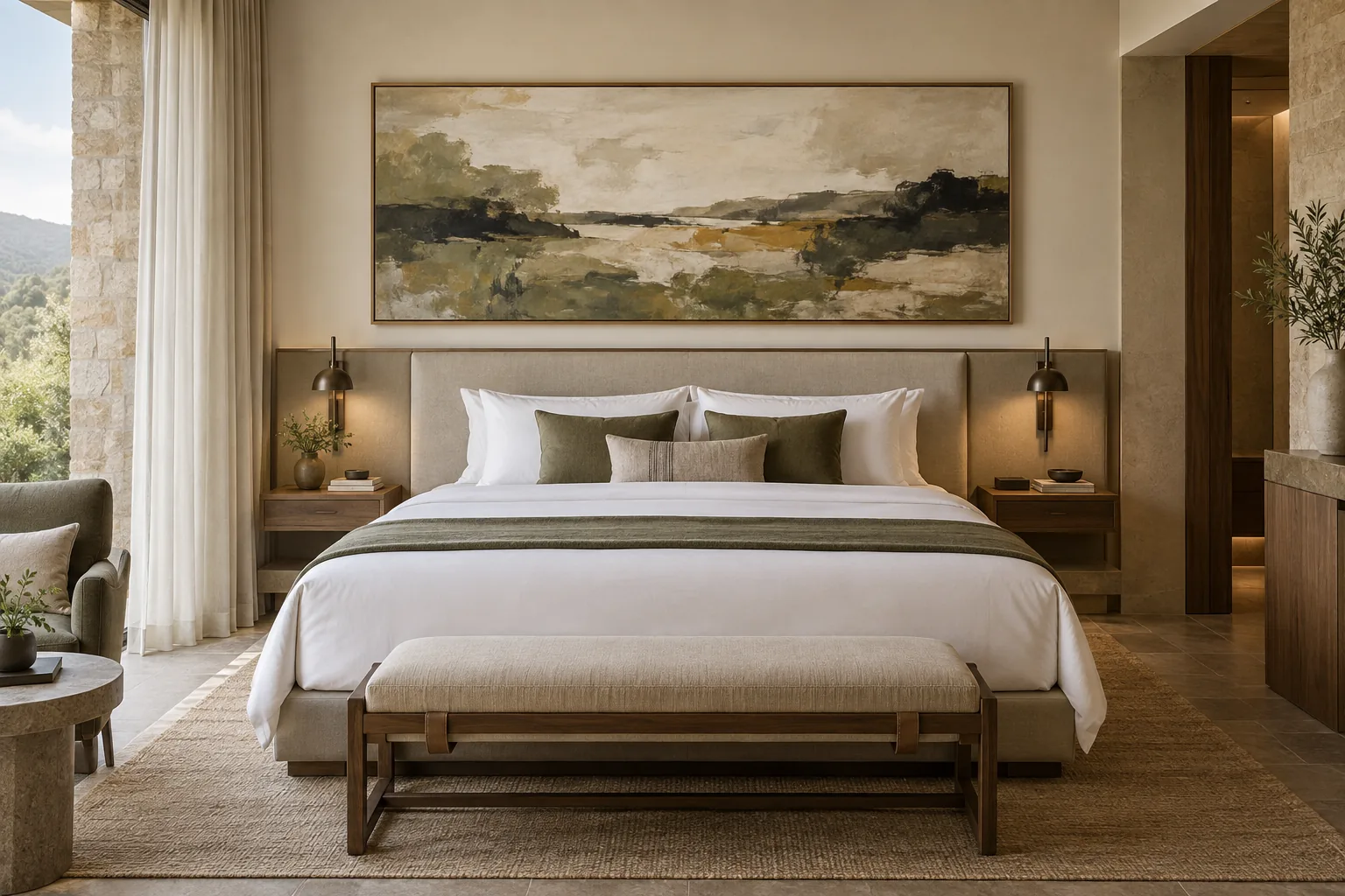 Hotel guest-room with an abstract painting above a king bed