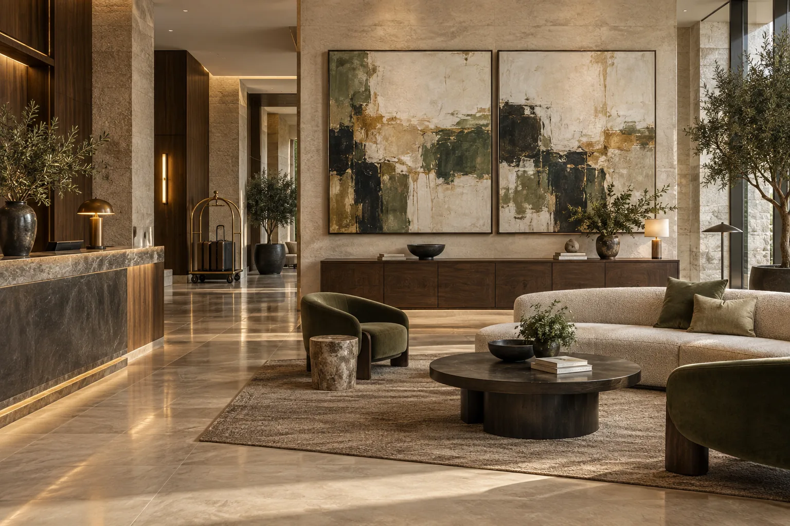 Hotel lobby with a coordinated hand-painted abstract diptych, reception desk and lounge seating