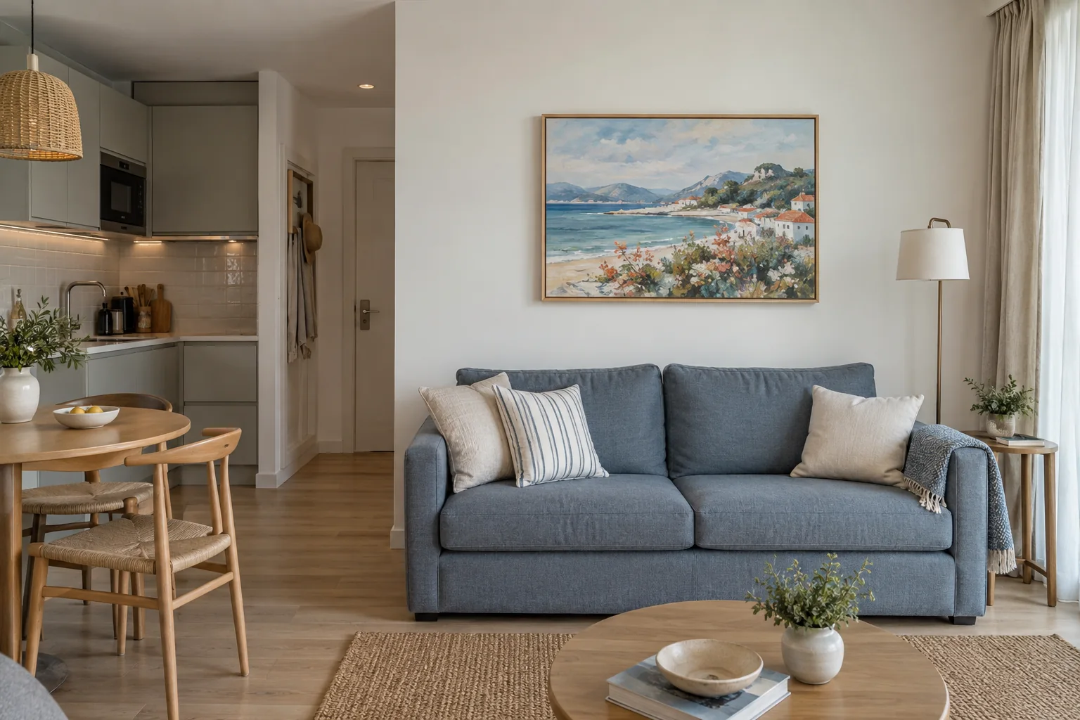 Coastal landscape painting above a blue sofa in a serviced apartment lounge
