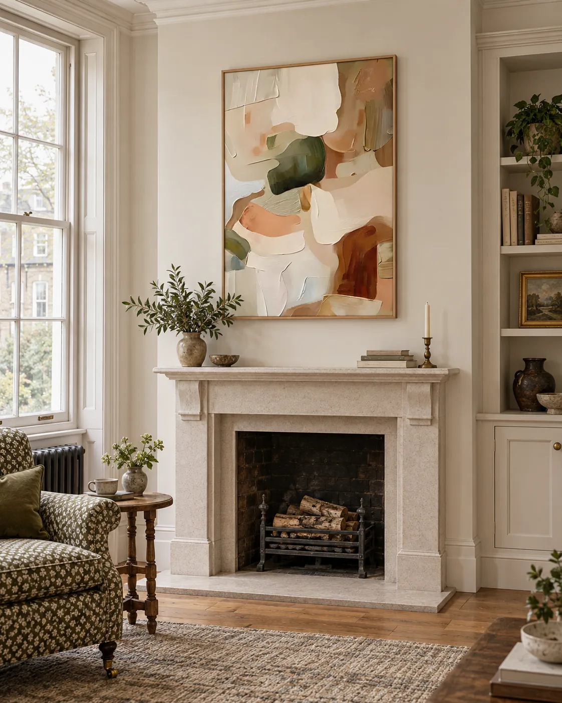 Room illustration of a custom abstract painting above a mantel, beside a sash window and alcove joinery