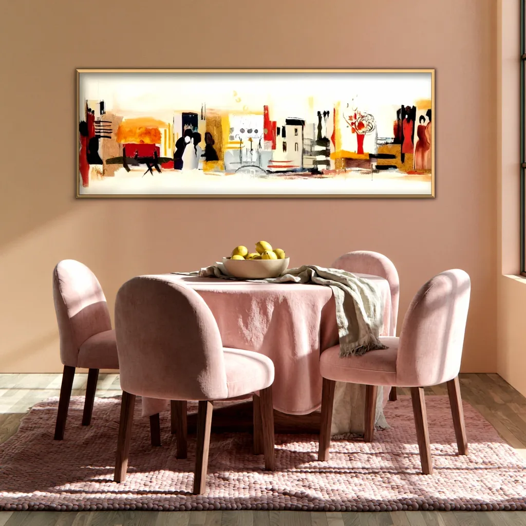 Panoramic abstract city life canvas on a dusty pink wall, above a round table with a pink linen cloth, a bowl of lemons and blush velvet dining chairs on a pink rug