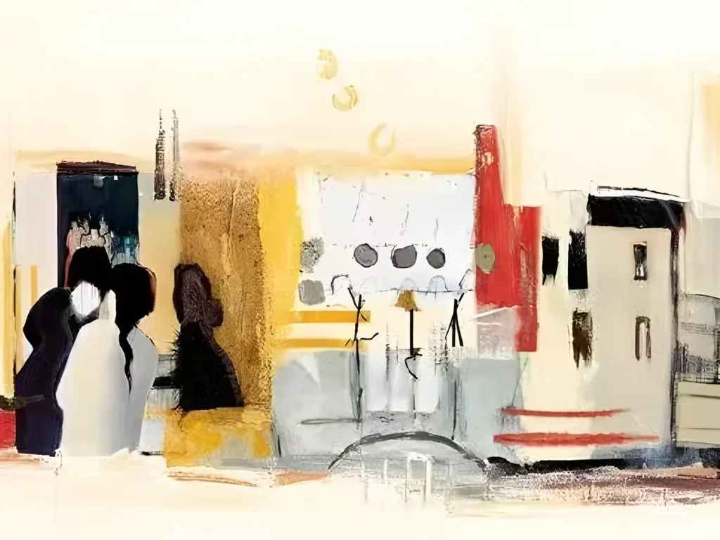 Close-up of the navy and white couple in an embrace next to a pale gray room with gray dots and stick figures, on the cream ground of abstract painting AA13