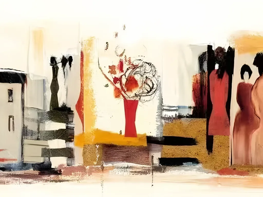 Detail of the red vase with sketched red and white flowers, a white house, gold textured patches and two women in long red dresses in abstract painting AA13
