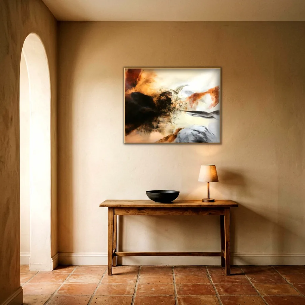 Black and peach abstract horizon canvas on a warm beige plaster hallway wall beside an arched doorway, above a rustic wood console with a black bowl and a linen lamp on terracotta tiles