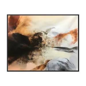 A large horizontal abstract painting of a charcoal black mass breaking into fine spatter on the left, opening onto cream light with a rust arch, a low gray ridge and a slate swirl, in a thin black frame
