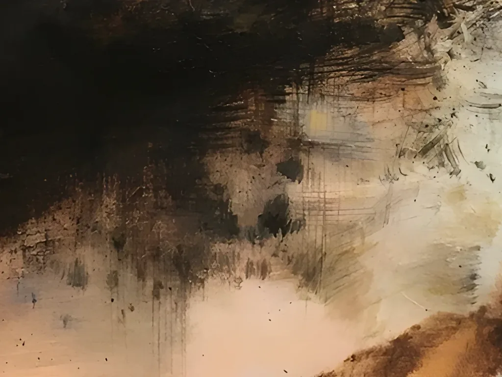 Detail of thin vertical drips and dry brush streaks running down from the charcoal mass onto a peach ground, with a rust edge in the corner, in abstract painting AA14