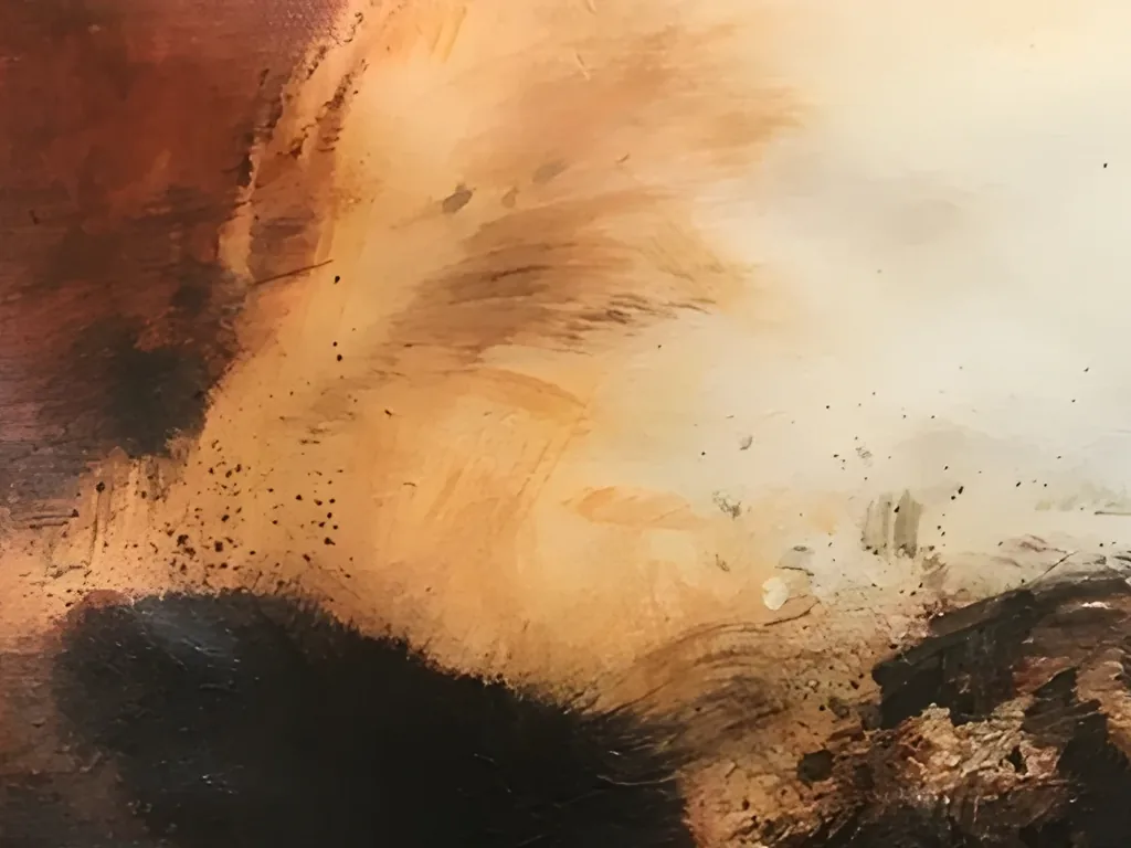 Close-up of the top left corner of abstract painting AA14, where a thin rust wash with visible linen weave meets apricot strokes, fine dark spatter and the soft edge of the charcoal mass