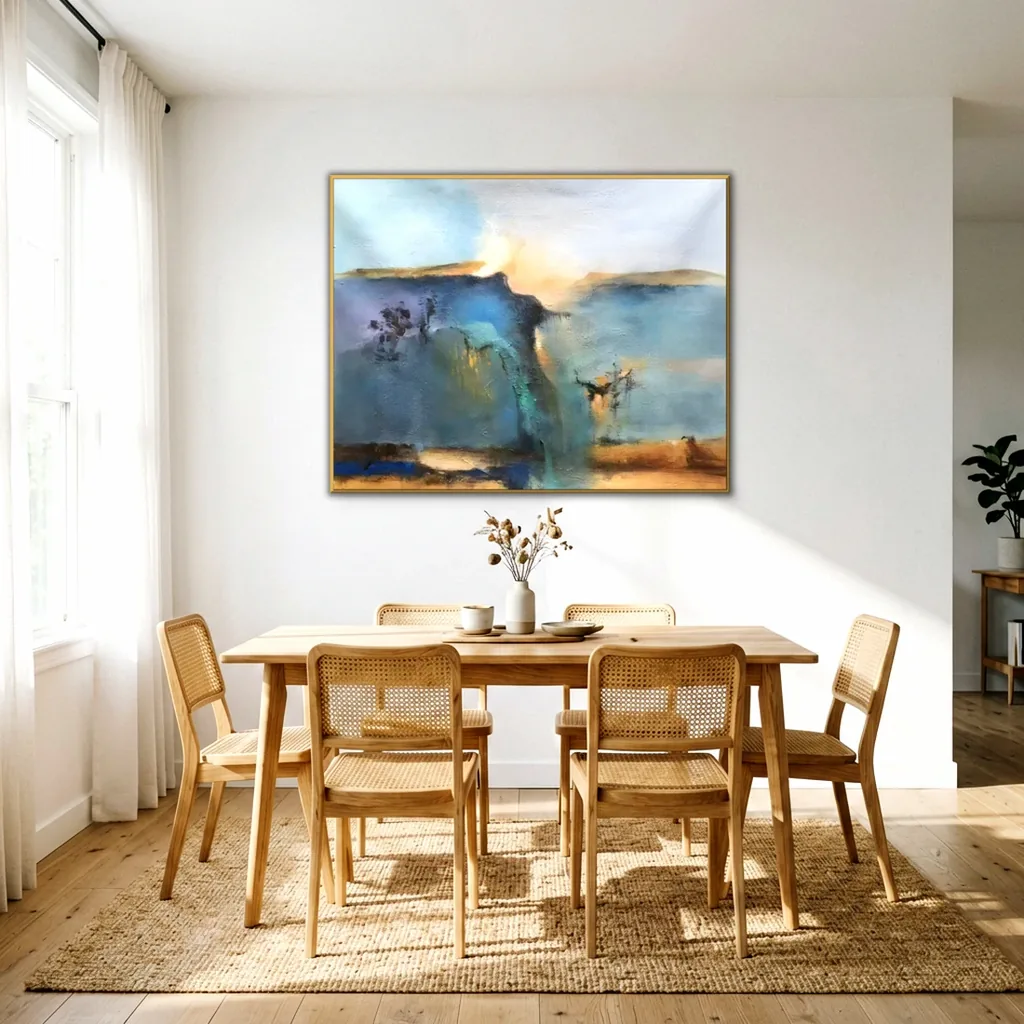 Teal and apricot abstract landscape painting on a white wall above a light oak dining table with rattan back chairs and a jute rug in a sunny dining room