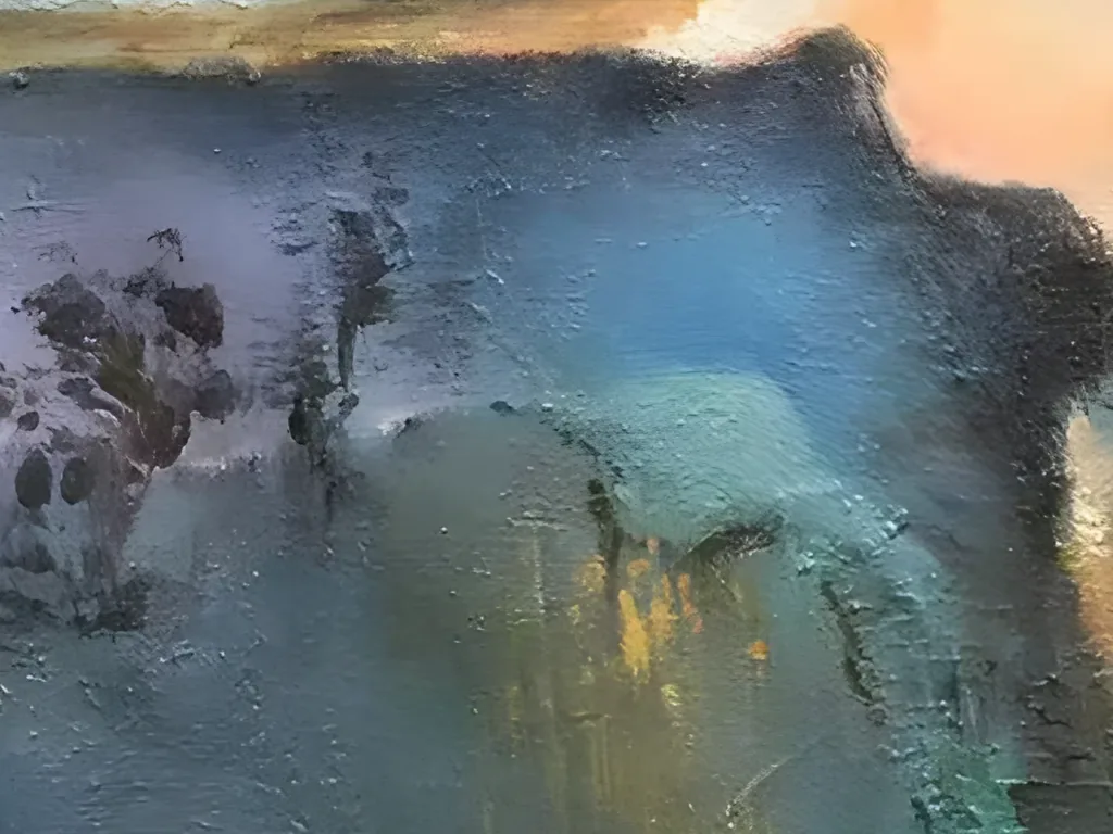 Close-up of the dark teal cliff edge in abstract painting AA15, with an apricot glow behind it, lavender haze, dark plum dabs, a jade green streak and small mustard gold drips