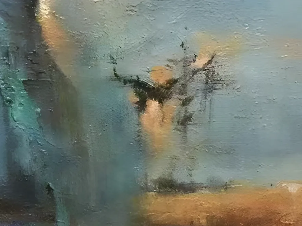 Detail of a scratchy dark shrub mark with an apricot glow behind it on slate blue, above a caramel ochre band, in textured abstract landscape painting AA15