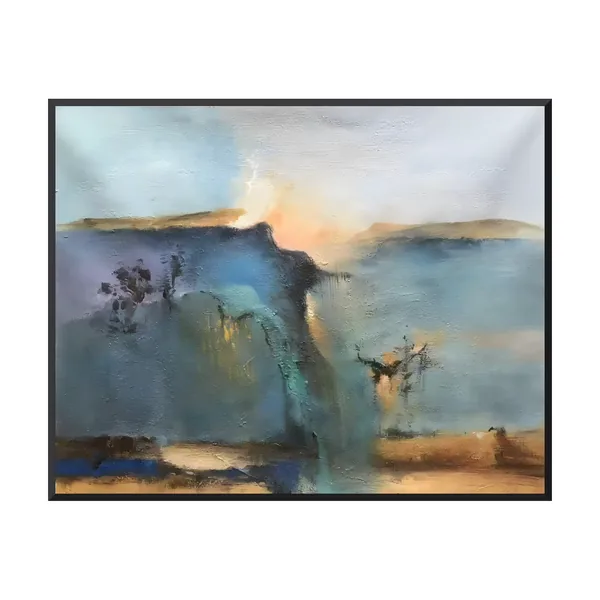 Dark teal cliff and apricot glow textured abstract canvas AA15