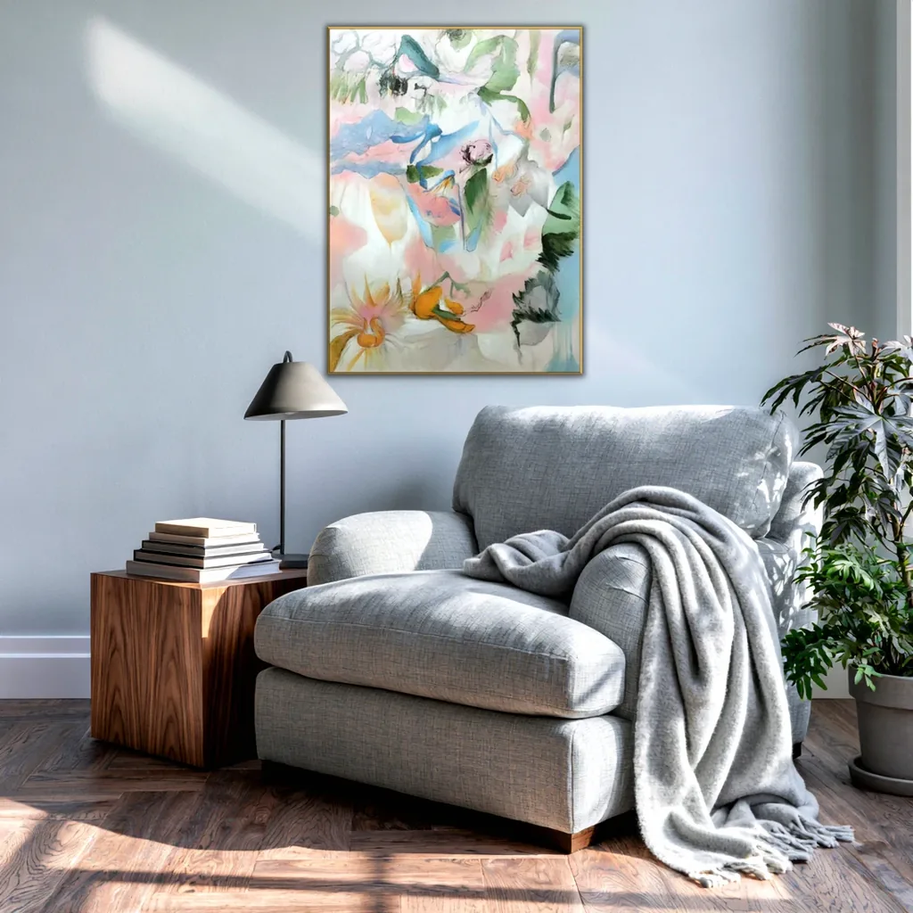 Pastel abstract floral painting in a thin gold frame on a pale blue gray wall above a gray linen armchair with a fringed throw, beside a walnut cube table with books and a black lamp