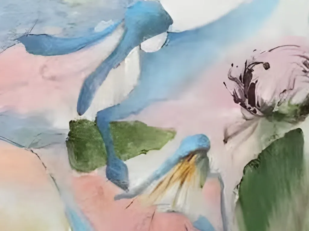 Detail of the curling sky blue stroke, a patch of moss green and the plum marked pink bud at the center of abstract painting AA16, over soft pink and white washes