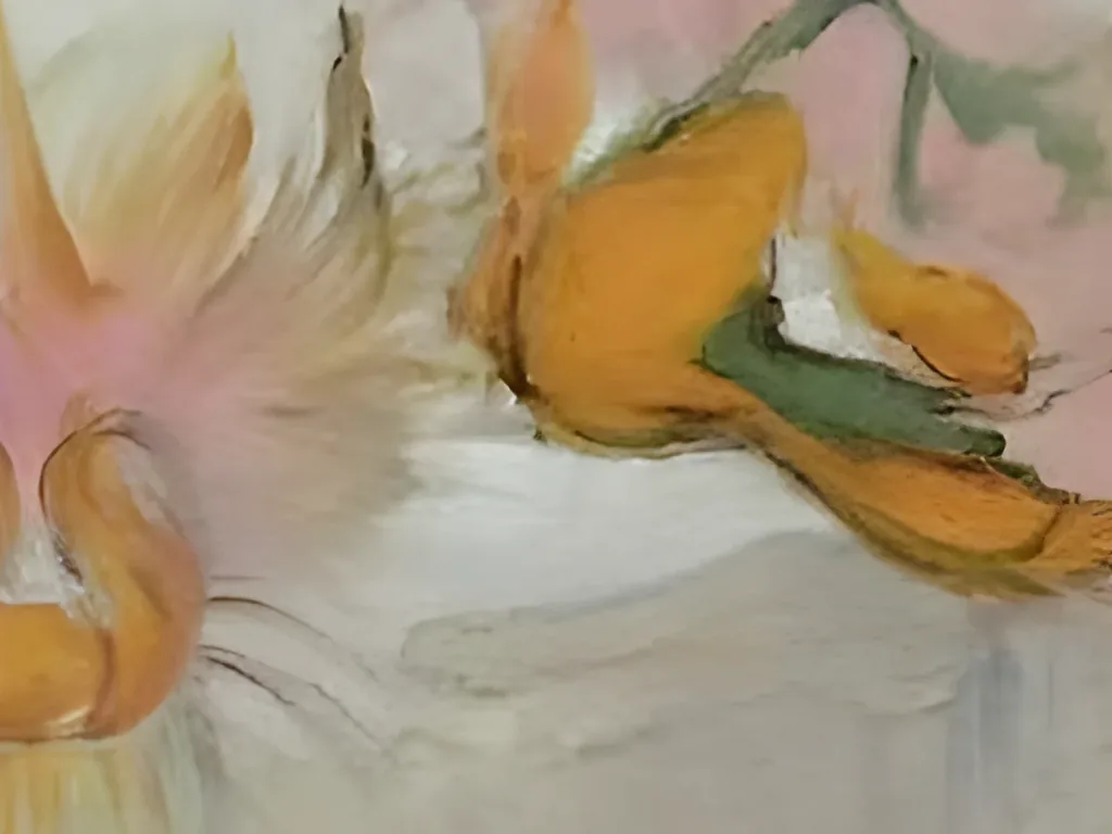 Close-up of the two orange blooms at the lower left of abstract floral painting AA16, one ringed with spiky pink and cream strokes, one curled over a stroke of green