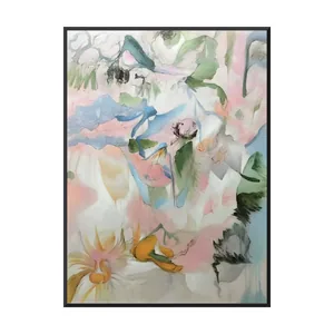 A large vertical abstract floral painting of soft blush, sky blue and sage washes with a curling blue ribbon stroke, a plum marked bud, two orange blooms low on the left and fine ink lines, in a thin black frame