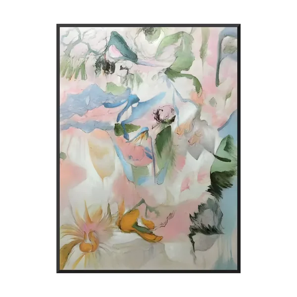Soft blush and sage abstract garden painting with orange blooms AA16