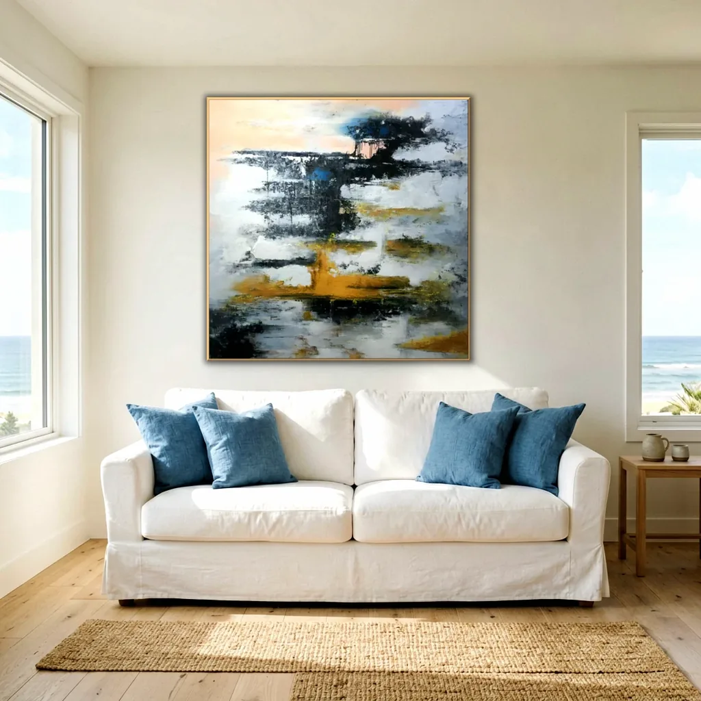 Gray and gold square abstract painting in a thin gold frame on a warm white wall above a white slipcovered sofa with blue linen cushions, between two windows that look out to the sea