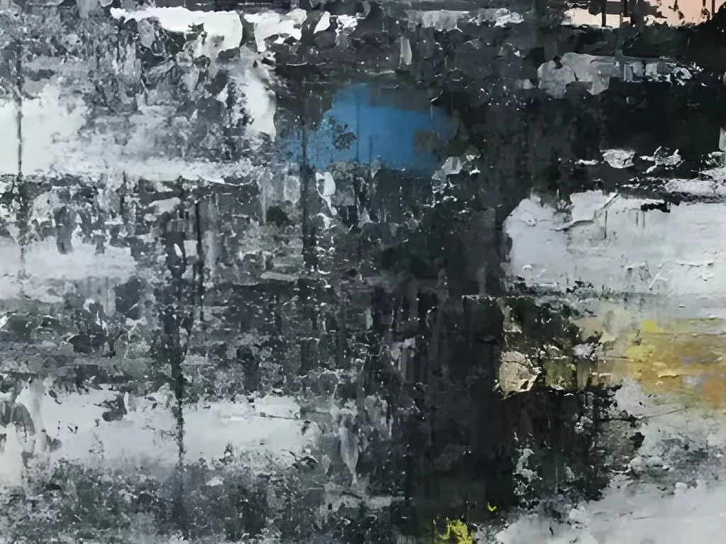 Detail of the charcoal mass in abstract painting AA17, with a small cobalt blue patch, flaky white flecks and thin vertical drips running over soft gray and a touch of peach