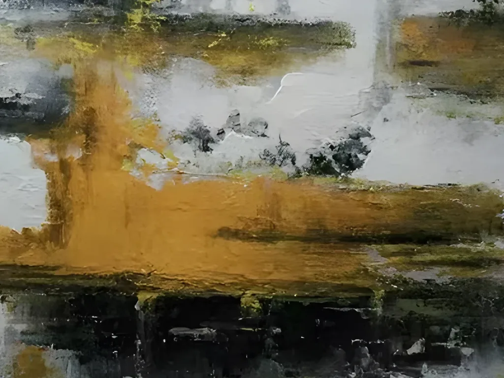 Close-up of the long mustard gold knife band in abstract painting AA17, with small yellow green flecks, a scraped ridge of pale gray paint and dark charcoal strokes beneath it