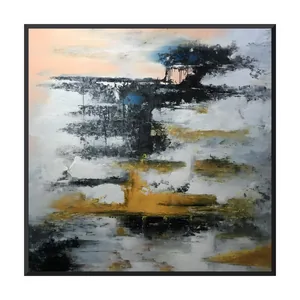 A large square abstract painting of a charcoal mass holding two small cobalt patches above stepped gray ledges and long mustard gold bands, a peach glow in the top left, palette knife scrapes, in a thin black frame