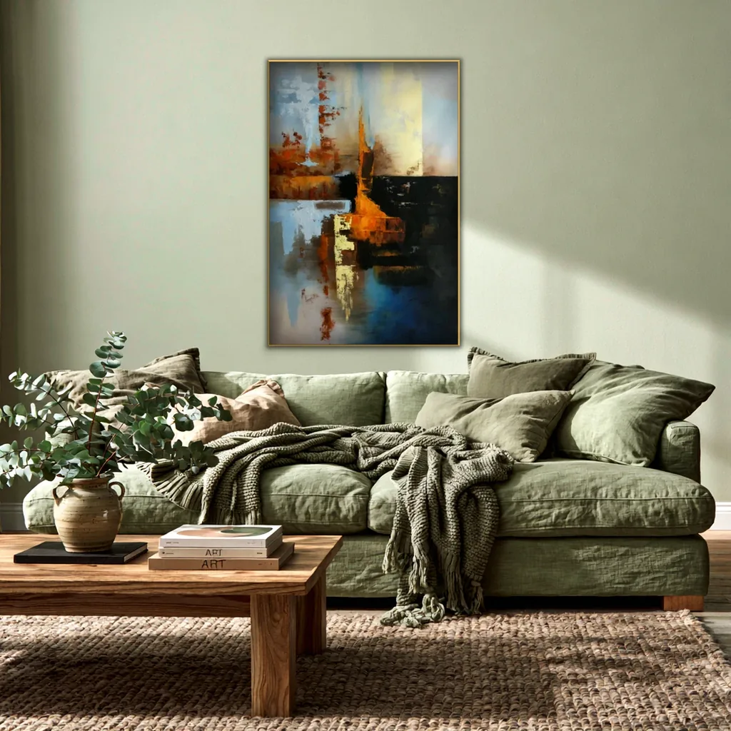 Rust, amber and blue abstract painting in a thin gold frame on a sage green wall above a sage linen sofa with a chunky knit throw, a wood coffee table with art books and eucalyptus in a jug