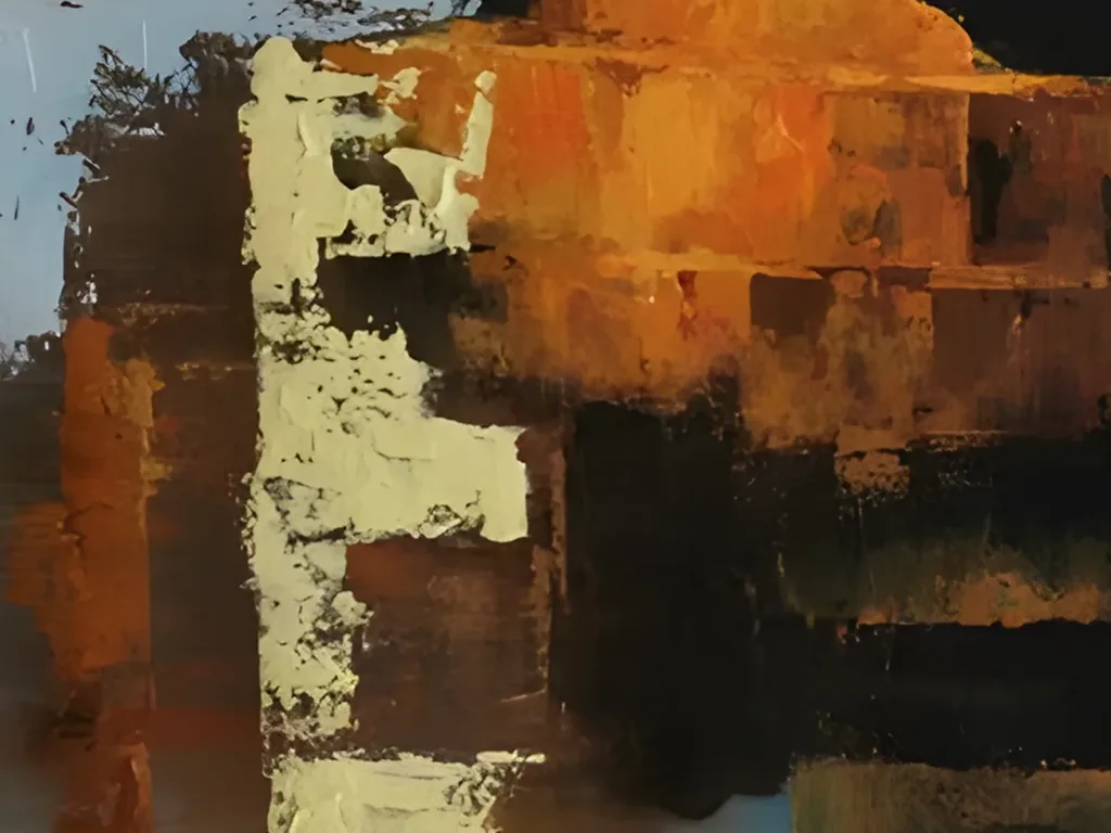 Close-up of thick cream palette knife strokes stacked beside the stepped amber and burnt orange block and the black shadow below it in abstract painting AA19