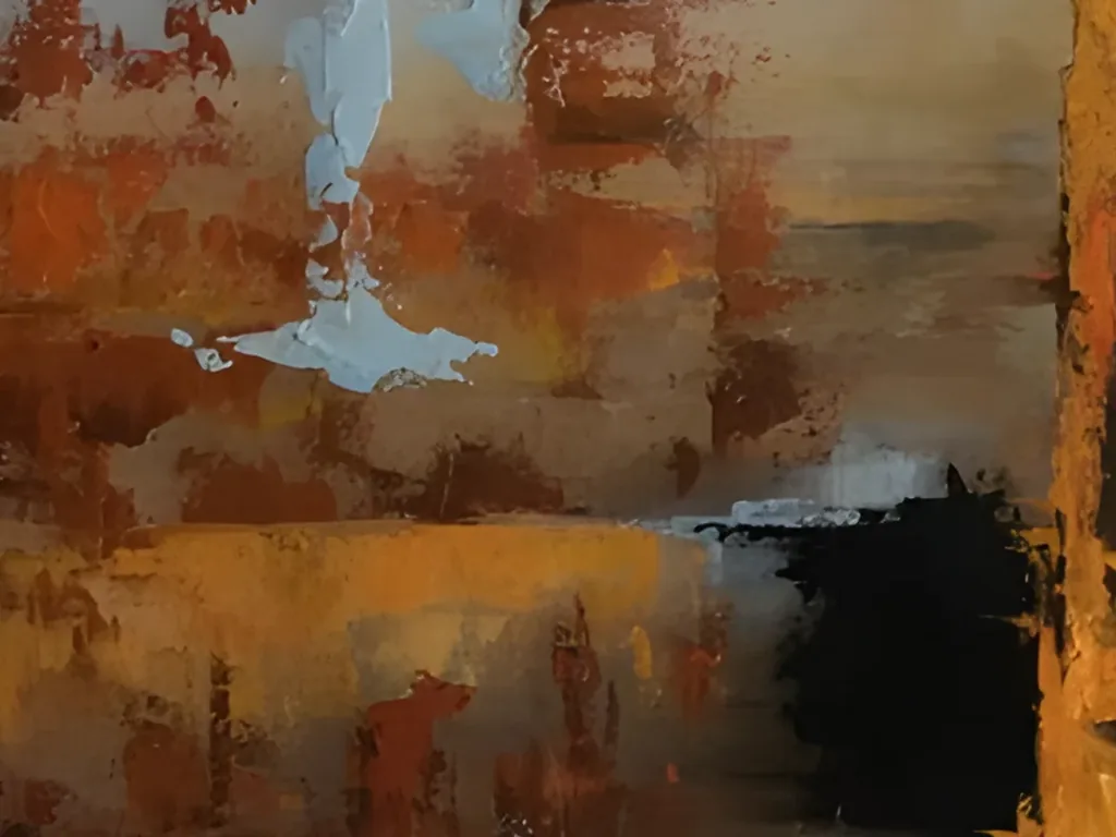 Detail of rust and burnt orange knife marks with a pale blue flake of paint, an ochre band and the edge of the black block in abstract painting AA19
