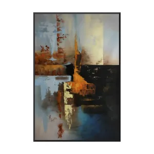 A large vertical abstract painting of rust and burnt orange knife marks, a tall amber point beside a black block with a straight top edge, pale blue and cream glow above and deep blue below, in a thin black frame