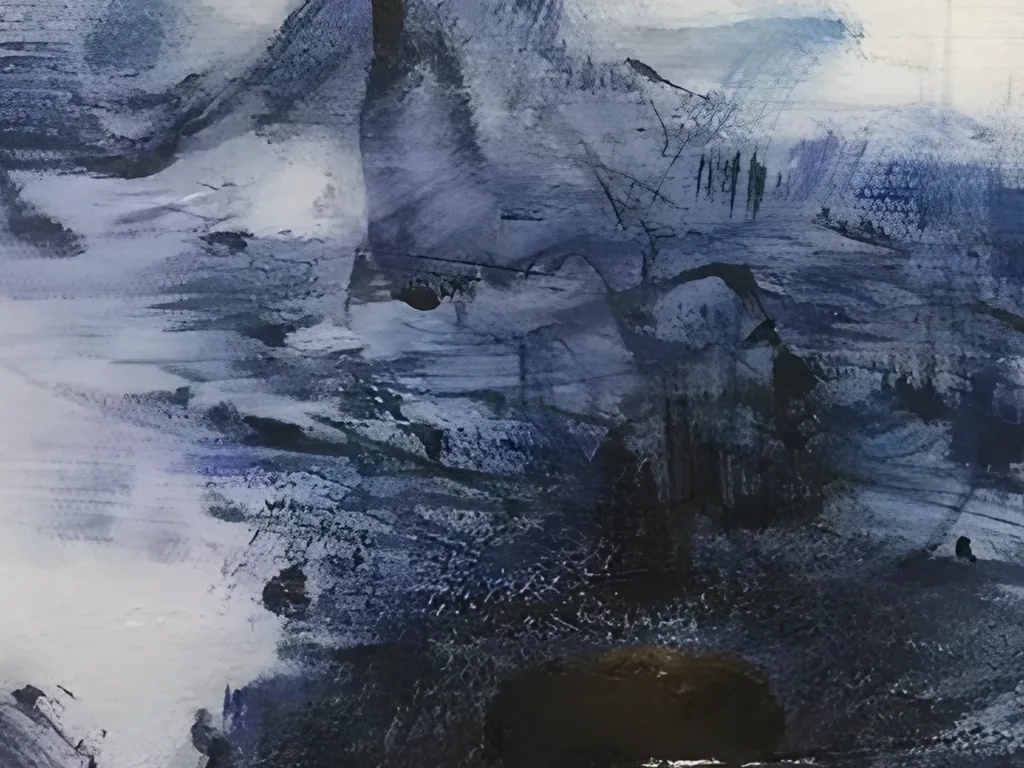 Detail of the dry-brushed indigo peak, short dark vertical marks and the top of the small brown oval in navy abstract landscape painting AA23
