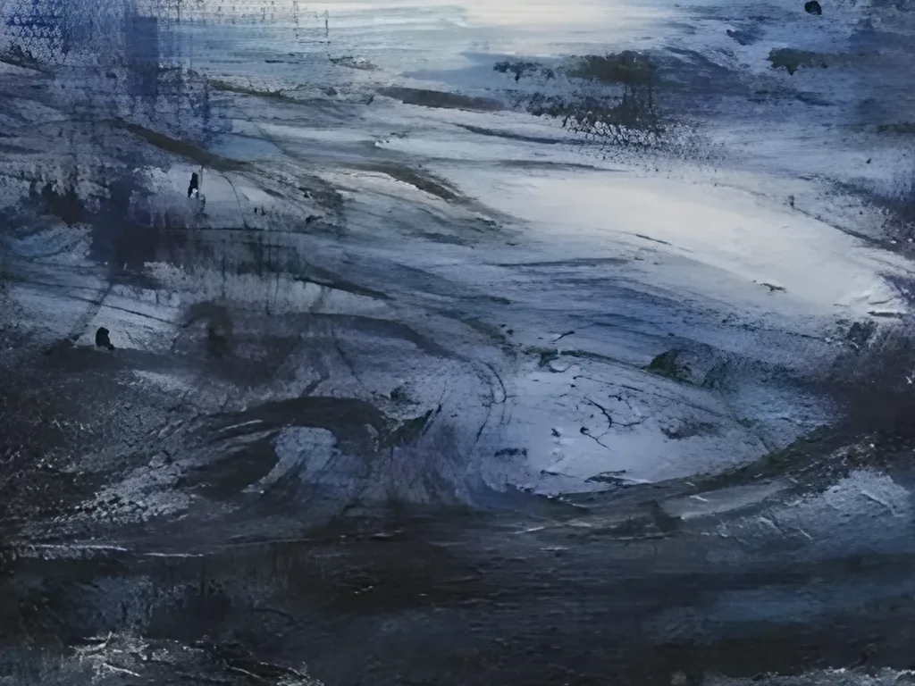 Close-up of swirling pale blue and white strokes with fine scratched lines over dark navy in abstract painting AA23, with dry brush texture showing the canvas weave