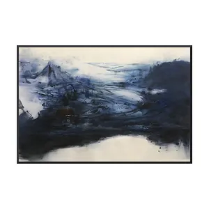A large horizontal abstract painting of a dark indigo peak and swirling navy, pale blue and white strokes above a deep navy shoreline, on a warm cream ground with one small brown oval, in a thin black frame