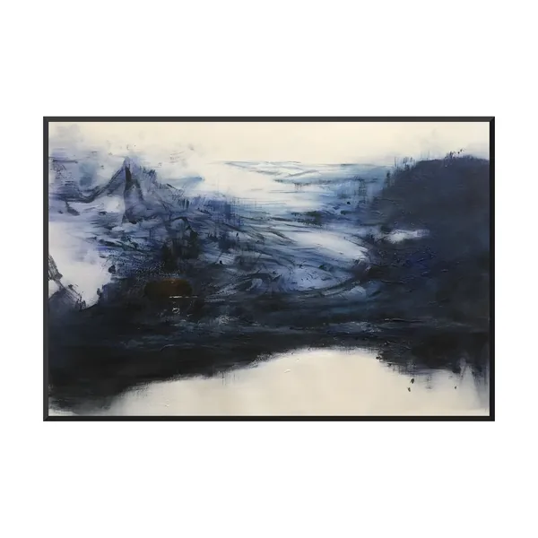 Indigo and ivory abstract mountain canvas with swirling mist AA23