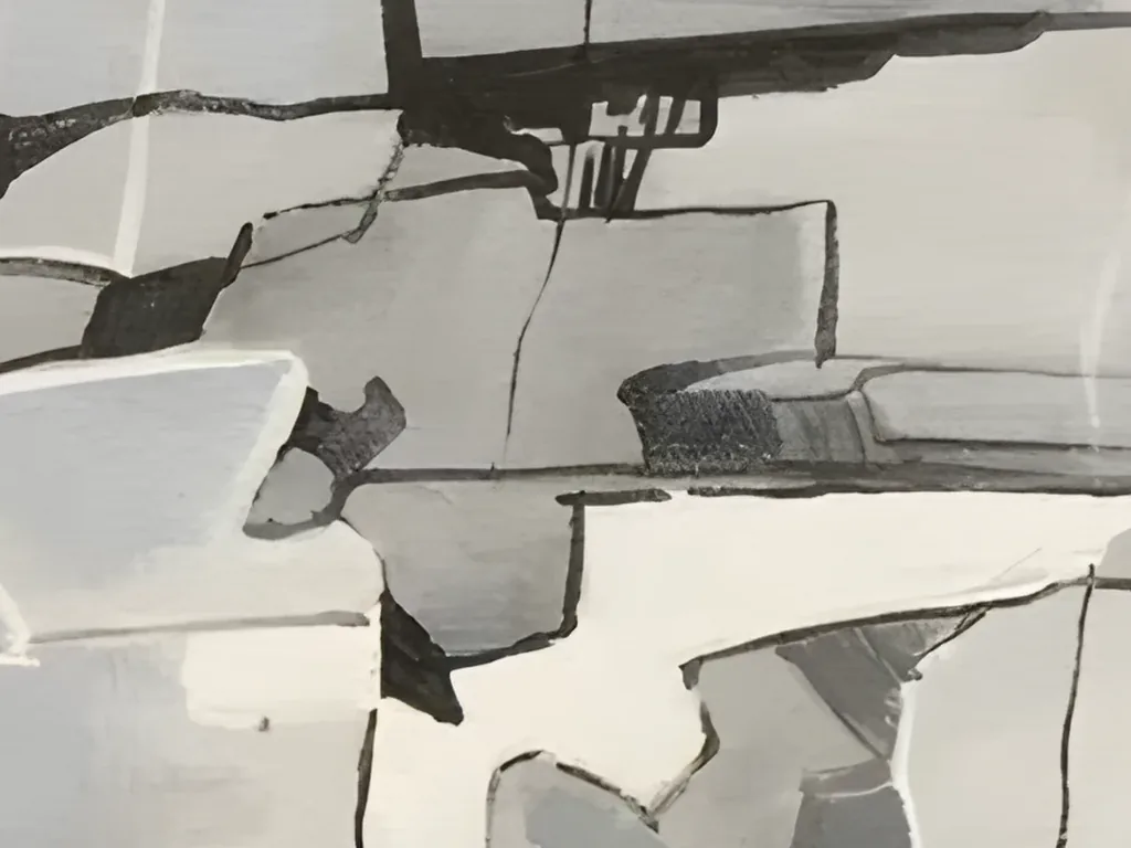Detail of black wedges, small ladder marks and a dry brushed charcoal patch among pale gray and ivory blocks in the upper right of gray abstract painting AA24
