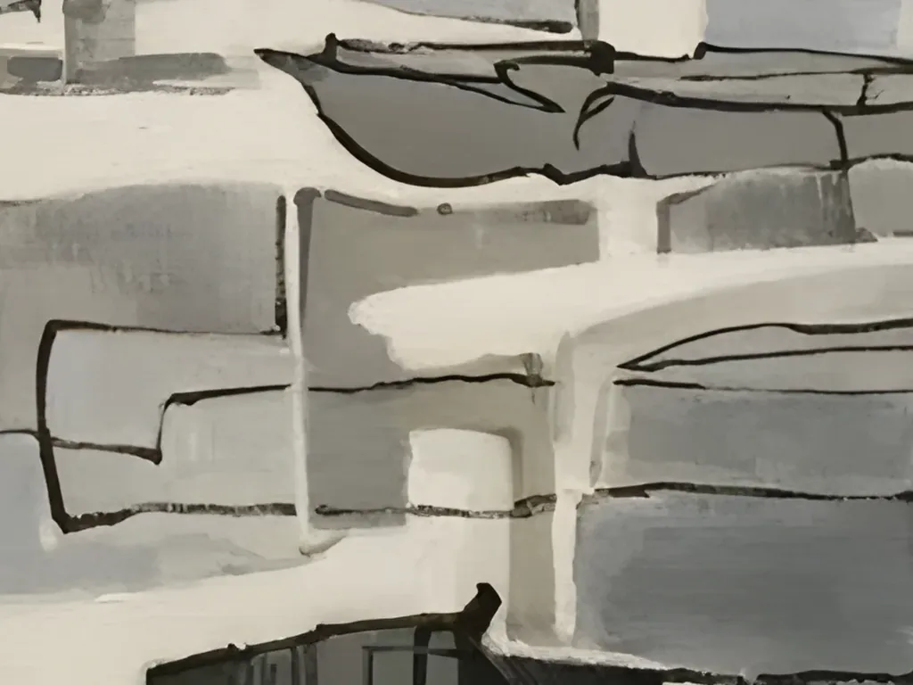 Close-up of the long dark gray boat-like shape on the ivory band in geometric abstract painting AA24, outlined in wavering black lines above stacked gray blocks